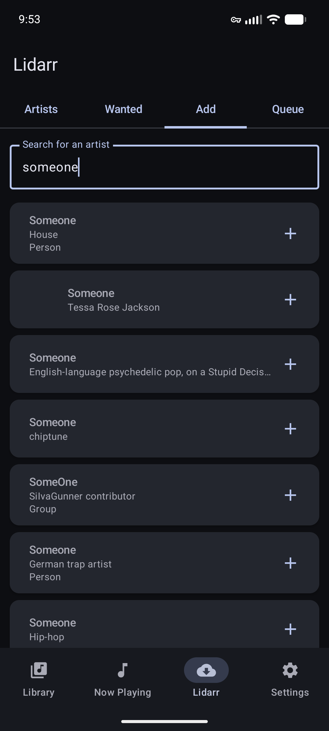 MusicPlayarr lidarr add artist view